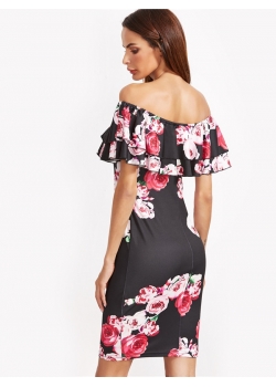 New Style Flounce Layered Neckline Flower Print Dress