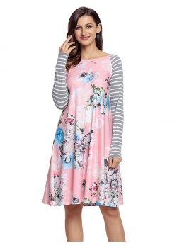 Pink Backdrop Floral Print A-line Loose T-shirt Dress