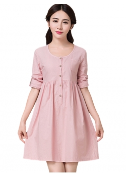 Pink Fashion Casual Long Sleeve Round Dress