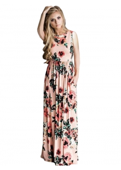 Pink Flower Printed Sleeveless Dress