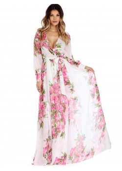 Pink Floral Print Wrapped Long Boho Dress