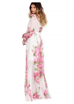 Pink Floral Print Wrapped Long Boho Dress