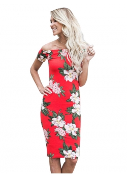 Red Floral Off Shoulder Midi Dress