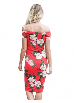 Red Floral Off Shoulder Midi Dress