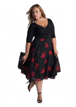 Red Plus Size Flora Print Stitching dress