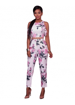 Rose Floral Print Crop Top and Pant Set