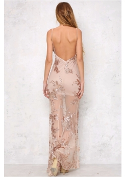 Sequin Gold Spaghetti Straps Sequin Evening Dress