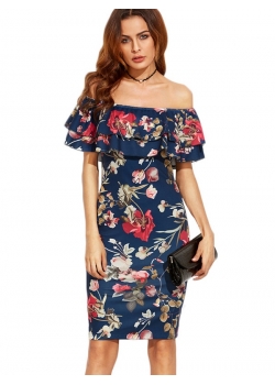 Sexy Flounce Layered Neckline Flower Print Dress