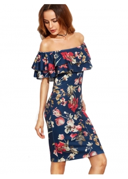 Sexy Flounce Layered Neckline Flower Print Dress