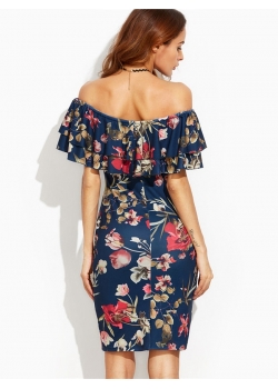 Sexy Flounce Layered Neckline Flower Print Dress