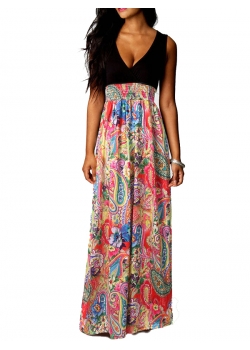 Rose Floral Print V Neck Maxi Dress