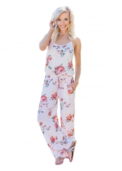 Fashion Women Flower Printed Sleeveless Jumpsuit
