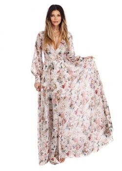 V-Neck Design Long Sleeve Floral Maxi Dress