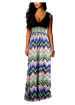 Wave Print Sleeveless V-Neck Maxi Dress