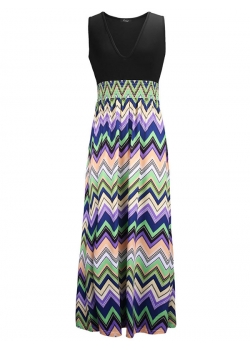 Wave Print Sleeveless V-Neck Maxi Dress