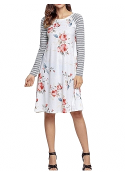 White Backdrop Floral Print A-line Loose T-shirt Dress