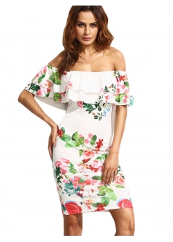 White Flounce Layered Neckline Flower Print Dress