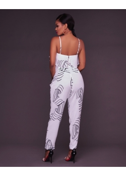 White Front Hollow With Waist Bandage Jumpsuit