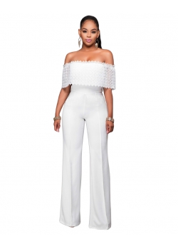 White Lace Up Ruffle Overlay Strapless Jumpsuit