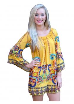 Yellow Boho Print Long Sleeve Floral Dress