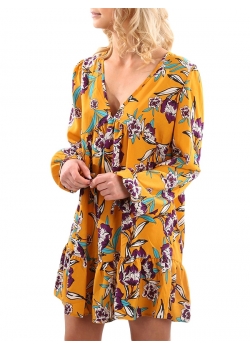 Yellow Flora Printed V Neck Curvy Dress