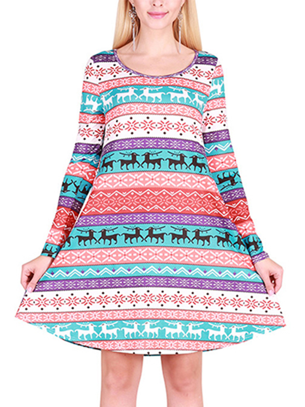  Multicolor S-XL Snowflake A-Line Casual Dress