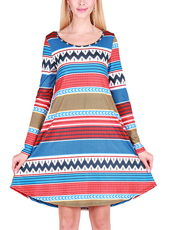  Multicolor S-XL Stripes Two Pockets Casual Dress