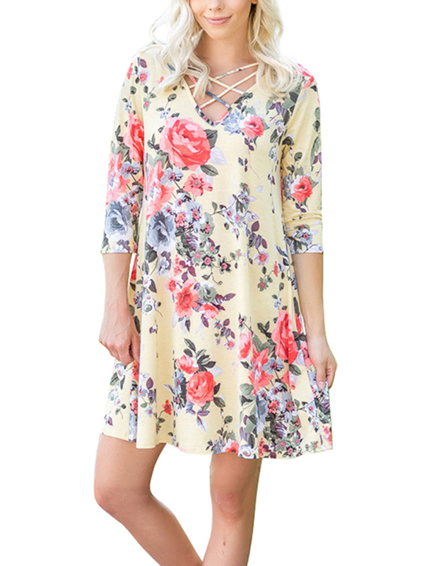 2 Colors S-XL  Lace-Up Floral Casual Dress