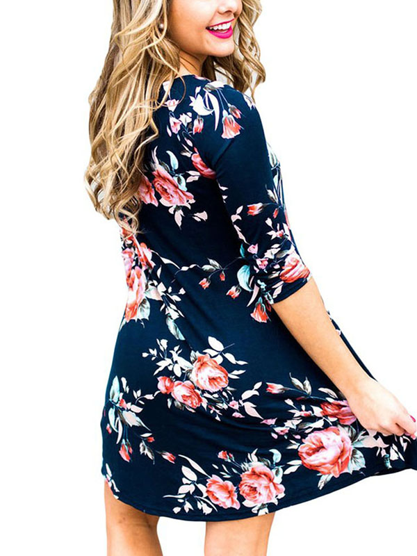 2 Colors S-XL  Lace-Up Floral Casual Dress