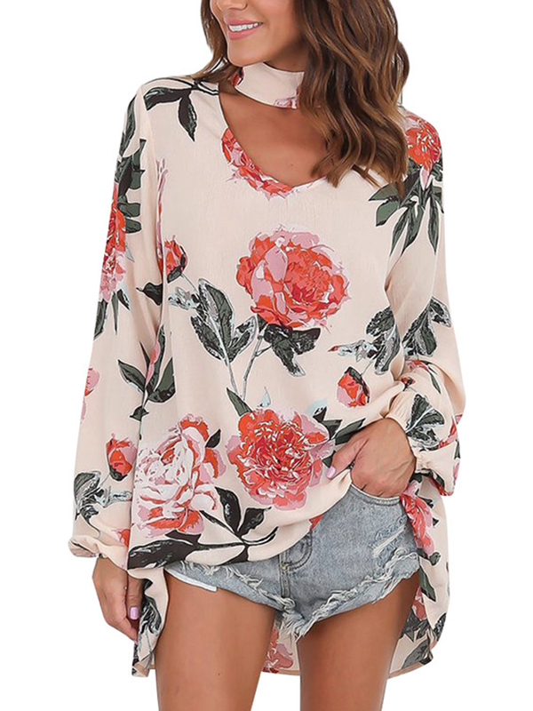 2 Colors S-XL Cut Out Front Loose Fit Print Blouses