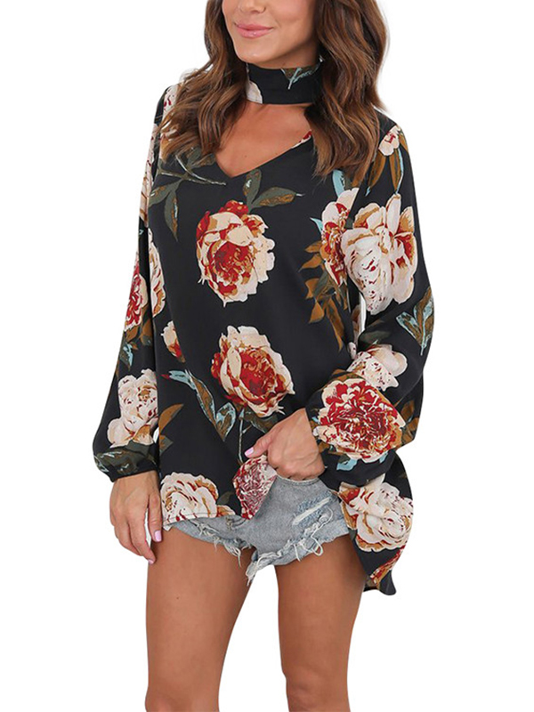 2 Colors S-XL Cut Out Front Loose Fit Print Blouses