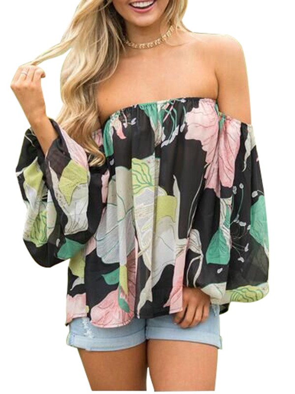 2 Colors S-XL Floral Printed Off Shoulder Blouse