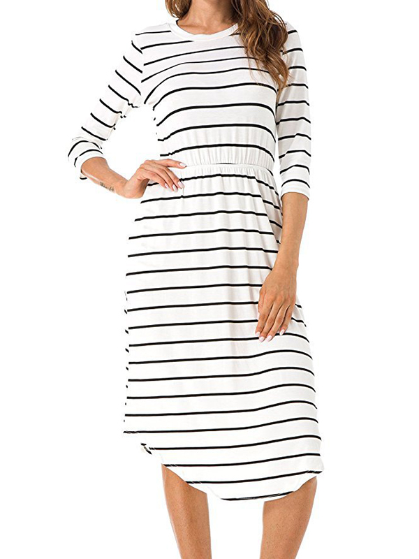 2 Colors S-XL Long Sleeve Stripped Midi Dress
