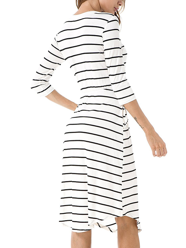 2 Colors S-XL Long Sleeve Stripped Midi Dress
