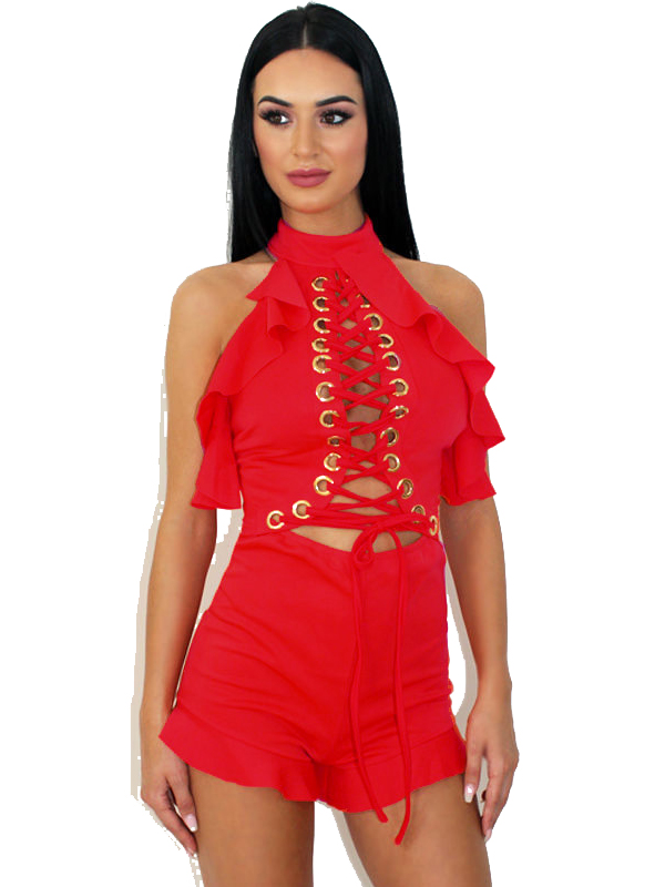 2 Colors S-XL Sleeveless Lace Up Jumpsuit