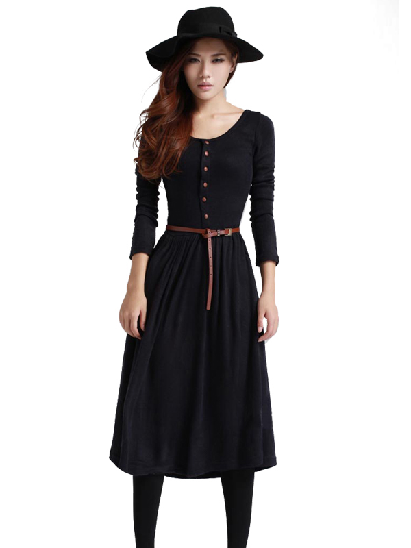 2 Colors S-XL Solid Long Sleeve Midi Dress