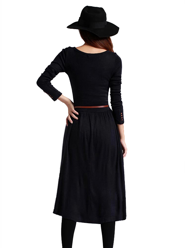 2 Colors S-XL Solid Long Sleeve Midi Dress