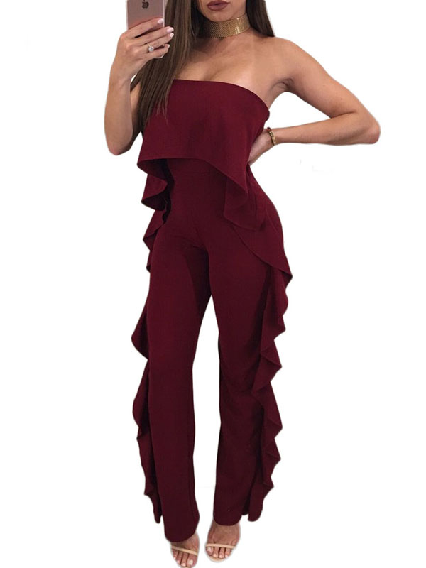 2 Colors S-XL Strapless Overlay Ruffle Jumpsuit