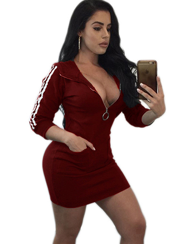3 Colors S-3XL Sexy Zipper Front Casual Dress