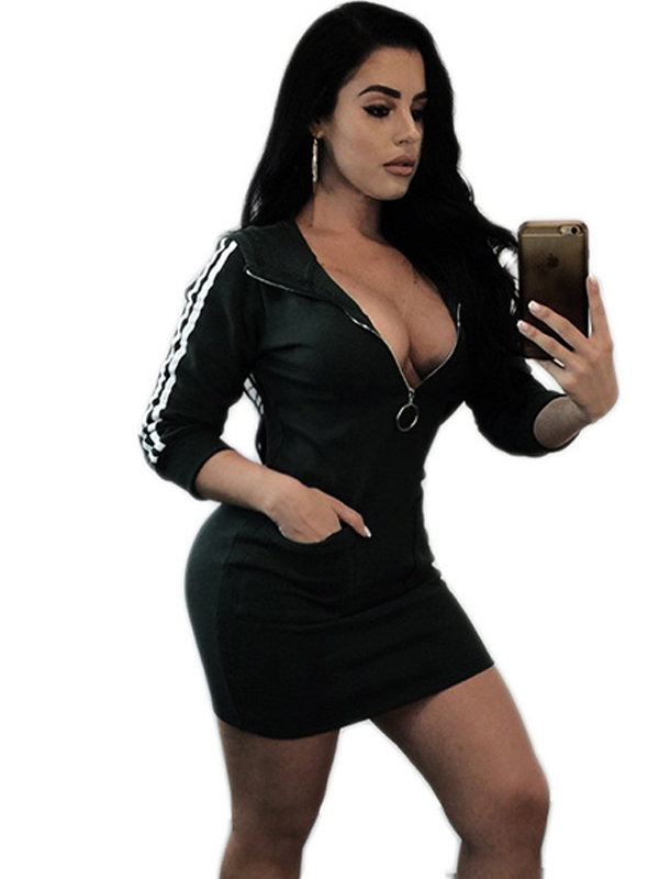 3 Colors S-3XL Sexy Zipper Front Casual Dress