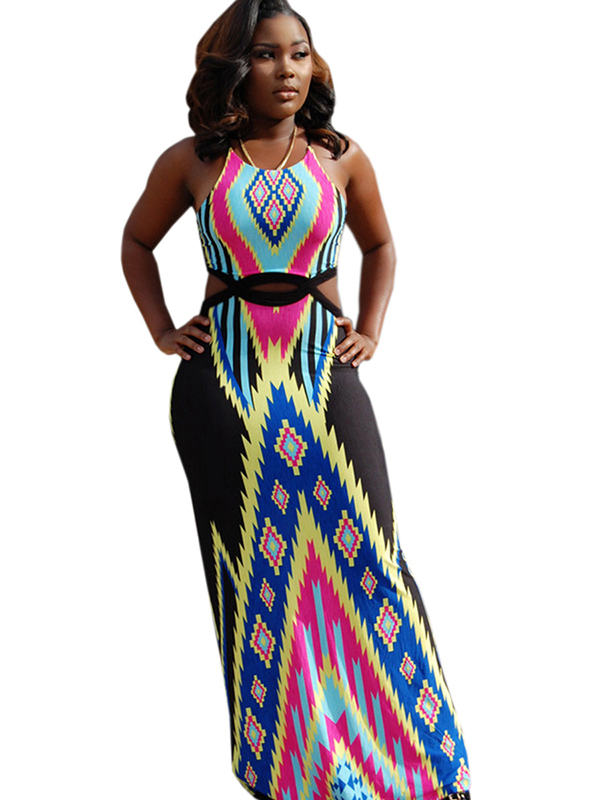 3 Colors S-5XL Sleeveless Colorblock Maxi Dress