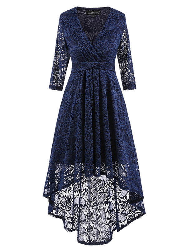 3 Colors S-XXL Classy High-Low Skater Lace Dress