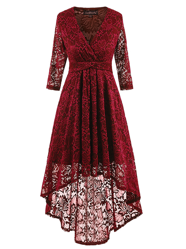 3 Colors S-XXL Classy High-Low Skater Lace Dress