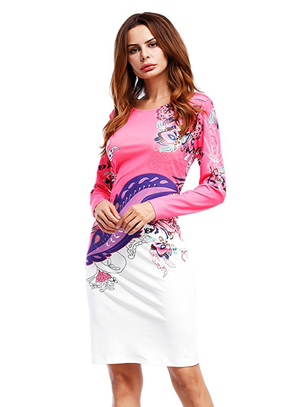 3 Colors XS-XL Long Sleeve Printing Bodycon Dress