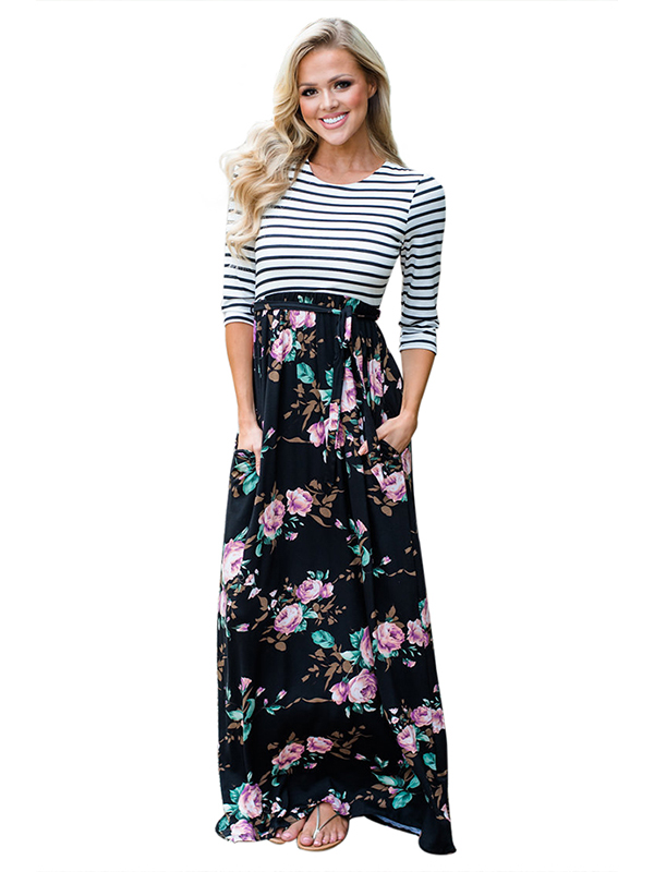 4 Colors S-XL Striped  with Tie Waist Maxi Dress