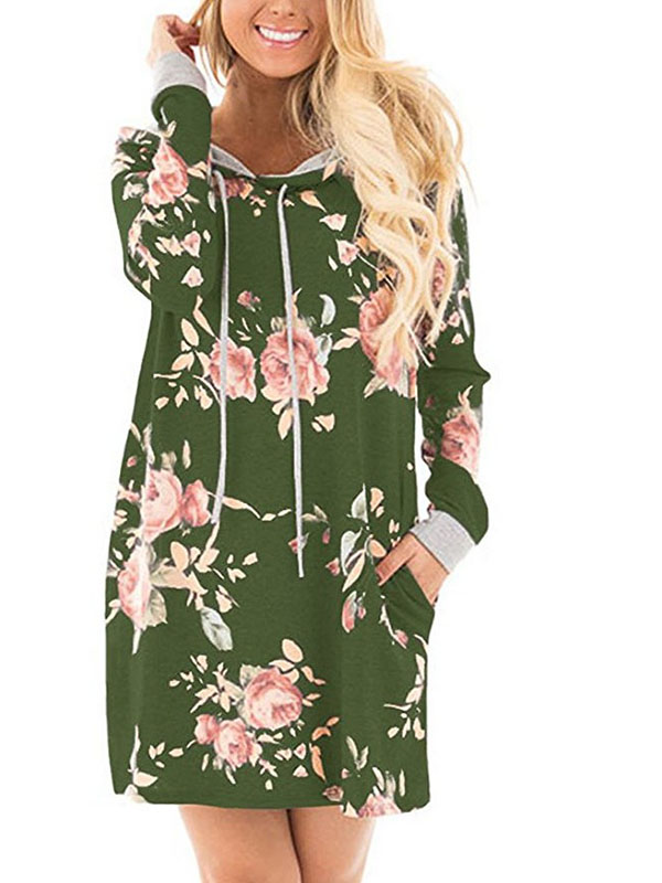 5 Colors S-XXL Long Sleeve Floral Print Casual Dress