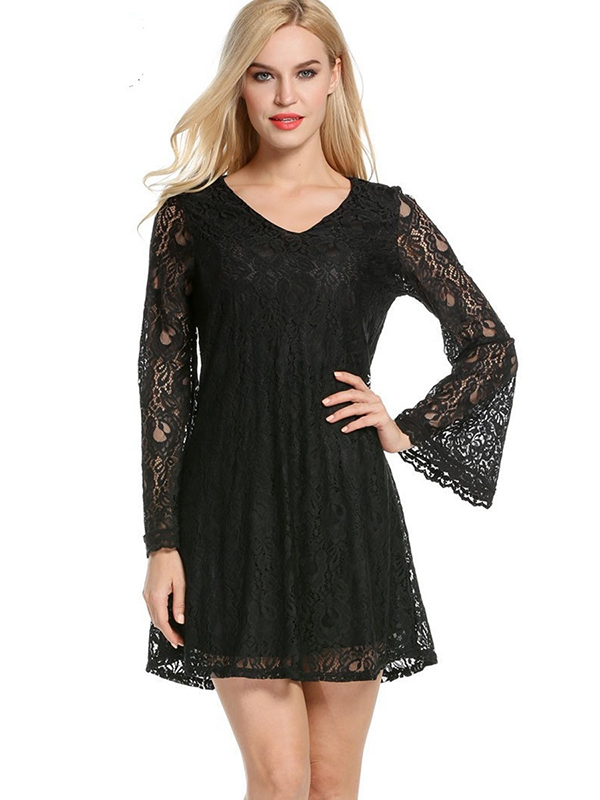 7 Colors S-XL V Neck Lace Casual Dress