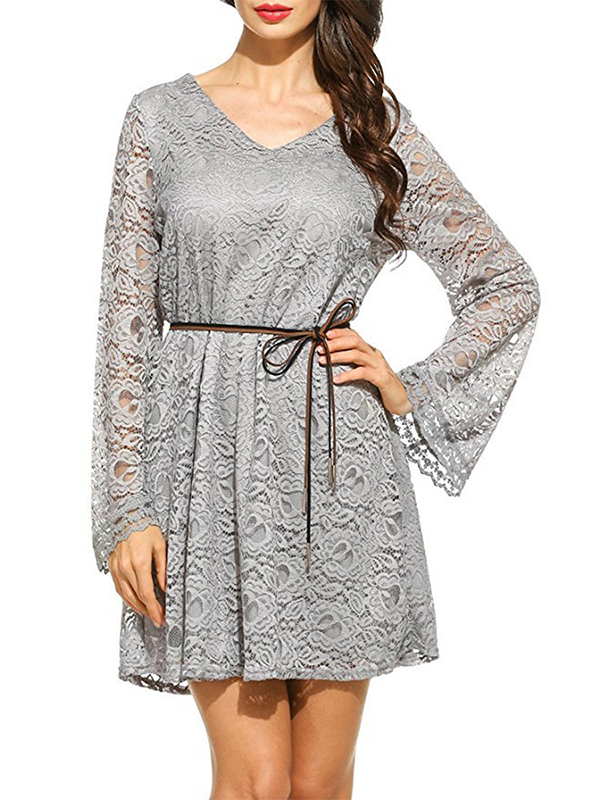 7 Colors S-XL V Neck Lace Casual Dress