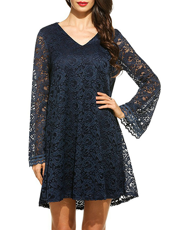 7 Colors S-XL V Neck Lace Casual Dress