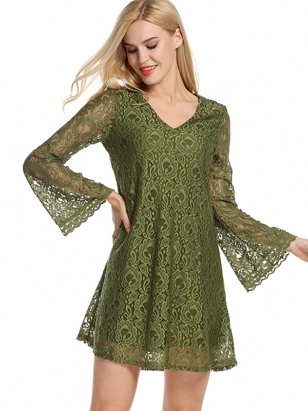 7 Colors S-XL V Neck Lace Casual Dress